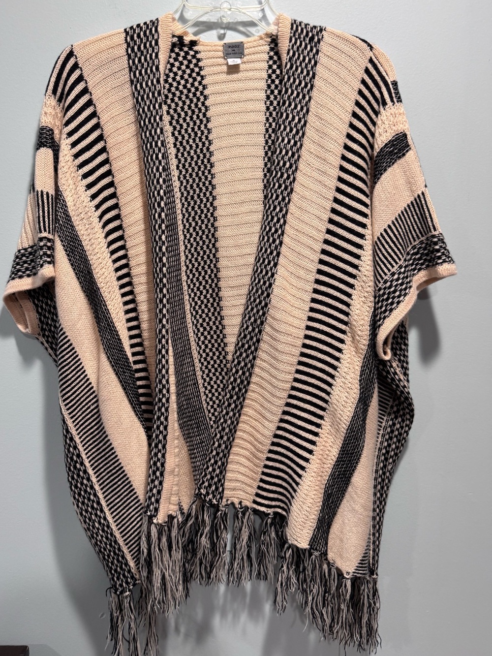 Poof! Beige and Black Striped Fringe Cardigan Style Poncho